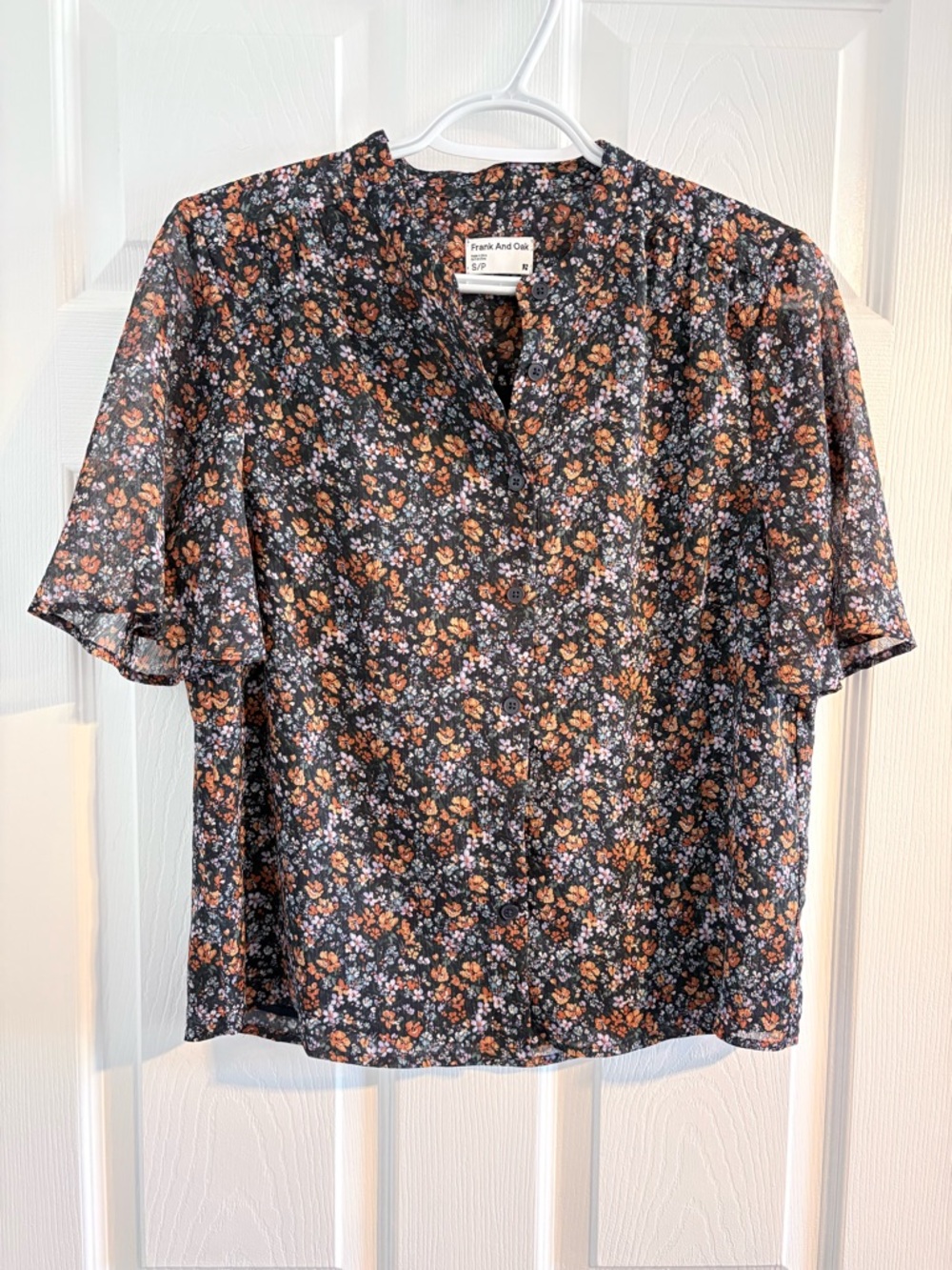 Frank & Oak Black Floral Short-Sleeve Blouse